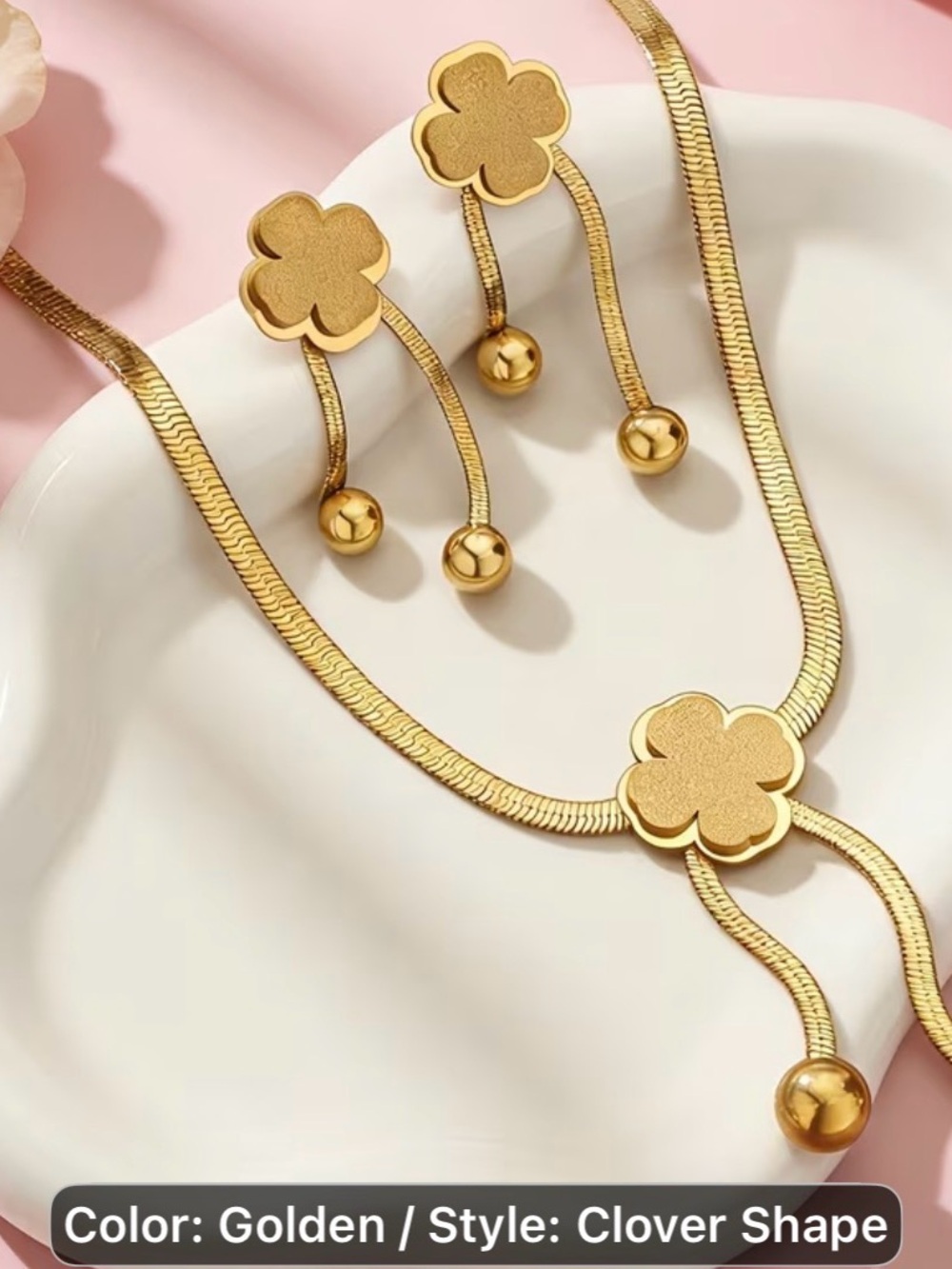3pcs  stainless steel Golden Clover Pendant Necklace and Earrings Set